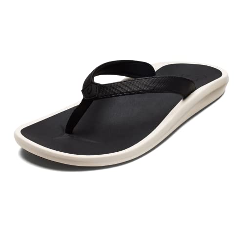 OLUKAI Pi'oe Women's Beach Sandals, Water-Resistant Flip-Flop Slides, Ulta Soft & Comfortable Fit, Wet Grip Soles, Black/Dk Shadow, 6