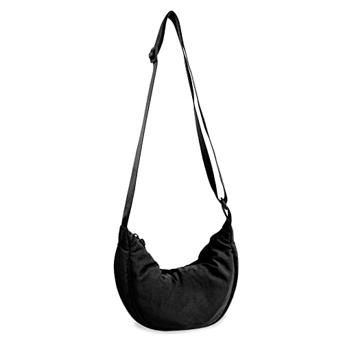 Nylon Crescent Crossbody Bag for Women Purses Trendy Men,Small Travel Sling Bag Hobo,Lightweight Fanny Pack with Zipper Adjustable Strap,Round Soft Shoulder Bag for Everyday Use Work Sport(Black)