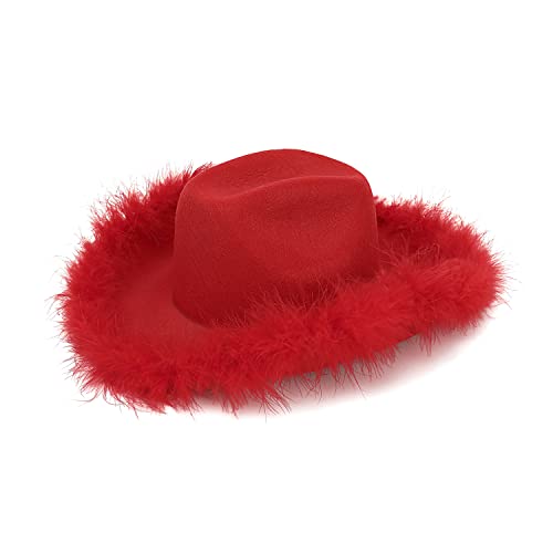 Amybasic Red Cowboy Hat, Red Cowgirl Hat, Feather Boa Cowgirl Hat for Teengae Girls or Women