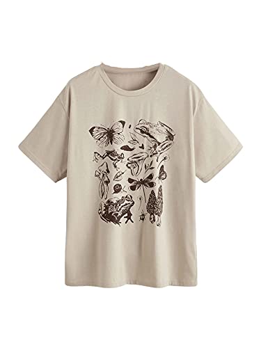 SOLY HUX Women's Graphic Letter Print T Shirt Short Sleeve Tee Top Khaki Mushroom Butterfly XL