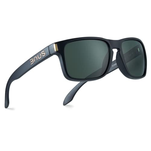 BNUS corning natural glass lenses Polarized sunglasses for men (B7066 Matte Black/Polarized Green G15, Glass Lens)
