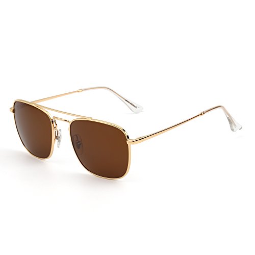 JIM HALO Retro Square Aviator Sunglasses Premium Glass Lens Flat Metal Eyewear Men Women (Gold/Brown)