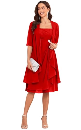 PINMJEE Plus Size Mother of The Bride Dresses for Wedding Chiffon Short Mother of Groom Dresses with Jacket Red 22W