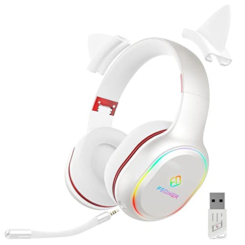 FEDIKER Wireless Gaming Headset for PS5 PS4 PC iOS Android, W3 USB Dongle Low Latency Bluetooth, Headphones with Detachable Mic, Mute Function, RGB, Immersive 4D, Cute White Cat Ear Headset for Girls
