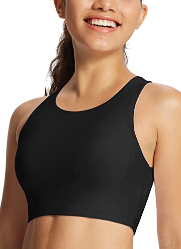 BALEAF Women's Swim Bra Tops Modest High Neck Push Up Crop Tank Bikini Top Athletic Sports Swimsuits Bathing Suit Under Rash Guard Black 42