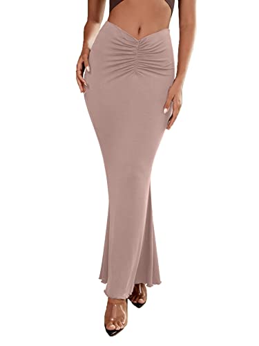 Umenlele Women's Casual High Waist Ruched Stretchy Bodycon Maxi Long Skirt Dusty Pink Small