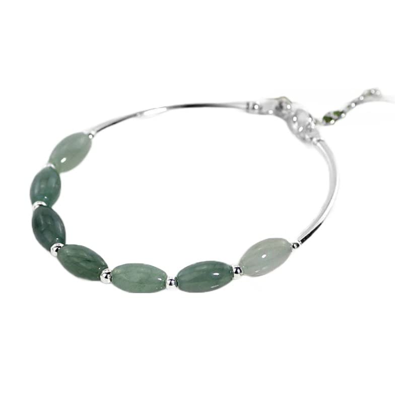 Sterling Silver Natural Oval Jade Flexible Bangle Bracelet