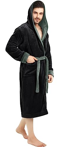 NY Threads Mens Hooded Fleece Robe - Plush Long Bathrobes, Black With Steel Grey Contrast, Small-Medium