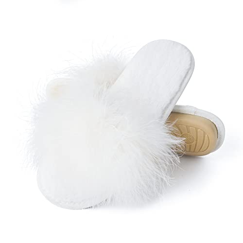 Fur Story Women's Furry Slippers Open Toe Fuzzy Slippers Soft Bride Slippers Wedding Day Fluffy House Slippers (White,7.5-8)