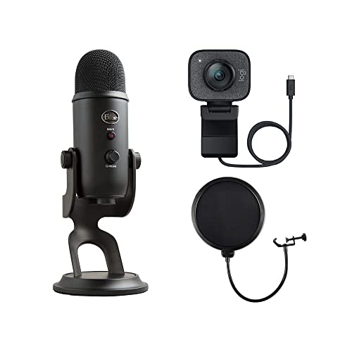Logitech Stream Camera, 1080p HD 60fps Streaming Webcam & Blue Yeti USB Mic for Recording & Streaming On Pc and Mac with Extra Pop Filter for Yeti Mic, Creator Bundle– Blackout (Renewed)