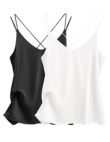 Ekouaer Women Silk Satin Tank Tops 2 Pack V Neck Cami Sleeveless Camisole Blouses Summer Casual Tank Shirt Black&White M