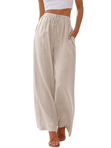 LILLUSORY Linen Pants Womens Flowy Wide Leg Beach Vacation 2024 Summer Spring Outfits Clothes Fashion Cute Trendy Clothing Casual Loose Lightweight Lounge Pants with Pocket Apricot
