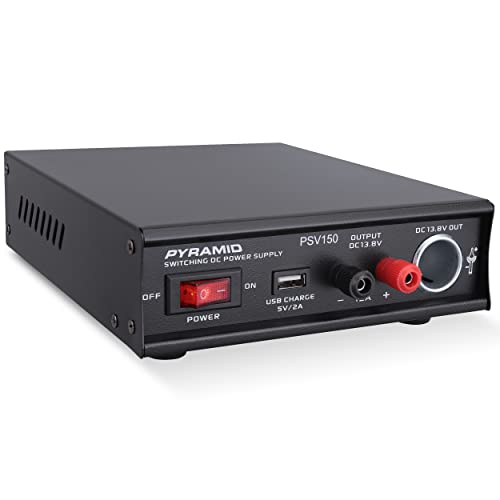 Pyramid Universal Compact Bench Power Supply- 12Amp Variable Linear Regulated Home Lab Benchtop AC-DC Power Converter - USB Port,Cigarette Lighter,115/230V AC,Screw Terminal,Cooling Fan - PSV150,Black