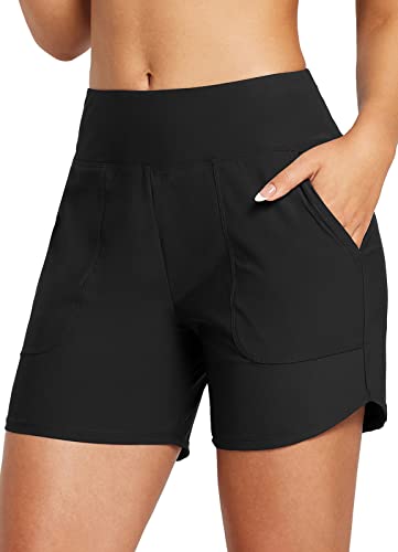 BALEAF Women's Swim Shorts Tummy Control Modest Swimsuits Bathing Suit Bottoms 5' Board Shorts Beach Trunks with Pockets Black L