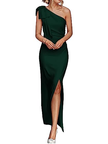 KIFOVEN Women's Bow One Shoulder Sleeveless Ruched Split Flared Bodycon Party Maxi Dress Dark Green X-Small