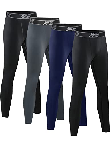 HOPLYNN 4 Pack Youth Boy’s Compression Pants Leggings Tights Quick Dry Athletic Base Layer Under Pants Gear for Kid’s Football Basketball Sports -2 Black 1 Blue 1 Grey-M
