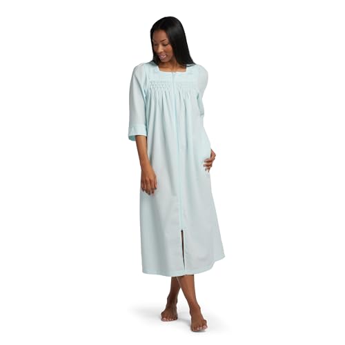 Miss Elaine Women's Long Seersucker Robe, Front Zipper, 3/4 Sleeves, Two Insert Pockets (Large, Turquoise)