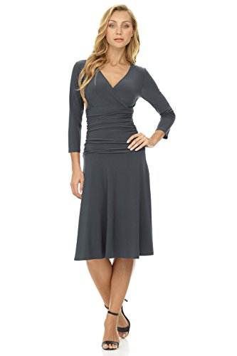 Rekucci Women's Slimming 3/4 Sleeve Fit-and-Flare Crossover Tummy Control Dress (8, Charcoal)