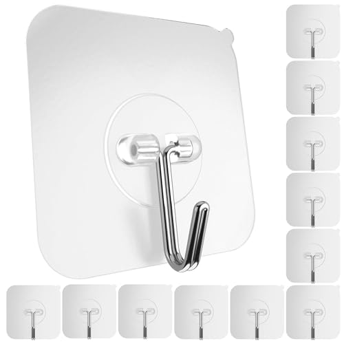 GLUIT Adhesive Wall Hooks for Hanging Heavy Duty 22 lbs Hooks for Walls No Damage, Towel Sticky Clear Hooks, Waterproof, Home, Bathroom, Kitchen, Office, and Outdoor, 12 Pack
