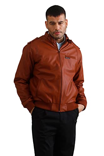 Members Only Men's Faux Leather Iconic Racer Jacket (Cognac, Large)