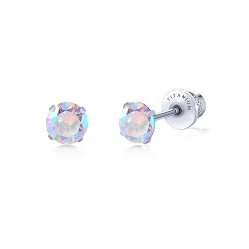 Limerencia Hypoallergenic G23 Implant Grade Titanium Screw Back Earrings Tragus 20G Helix F136 Piercing Post for Sensitive Ears Simulated Diamond Cartilage (5 mm, Aurora Borealis)