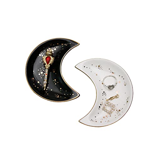 Ceramic Jewelry Dish Moon -Set of 2, Ring Holder & Decorative Trinket Tray for Bathroom, Nightstand, and Vanity Moon (black+white)