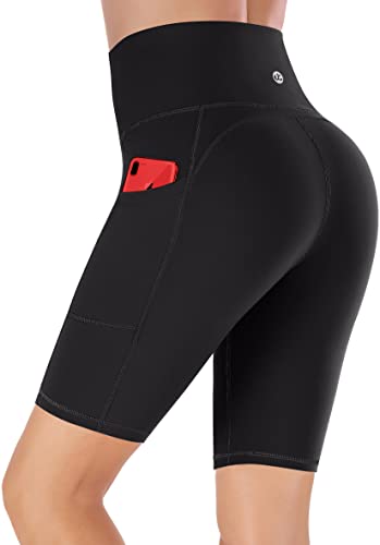 Ewedoos Biker Shorts Women Tummy Control Yoga Shorts with 3 Pockets High Waisted Compression Shorts Gym Workout Running Black