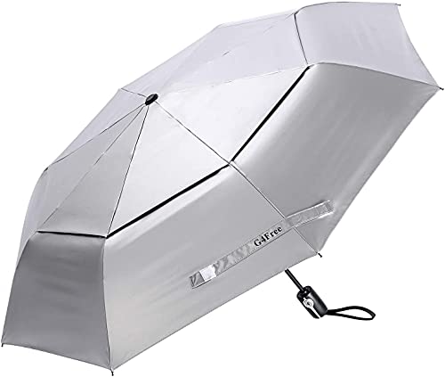 G4Free UPF 50+ UV Protection Travel Umbrella 42 Inch Auto Open Close Silver Vent Double Canopy Folding Sun Blocking Umbrella (Silver/Black)