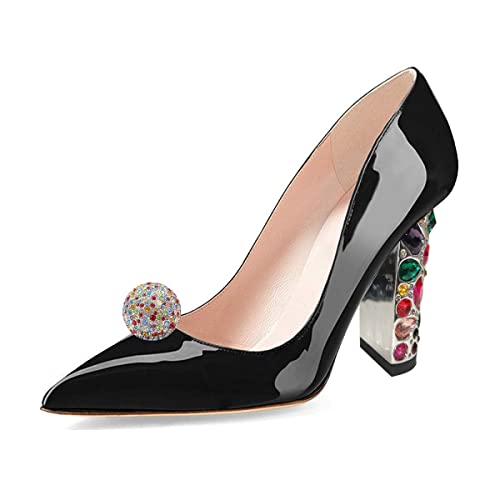 YDN Women Classic Mid Unique Heel Solid Pumps Pointy Toe Slip on Metal Chain Formal Stilettos Office Wedding Dress Shoes Size 12 Multi Black