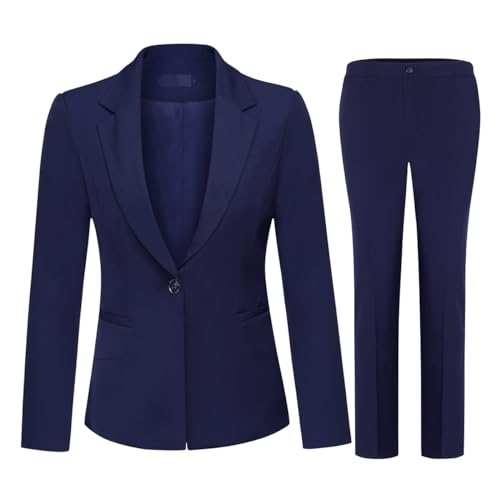 YUNCLOS Women's 2 Piece Office Lady Business Suit Set Slim Fit Blazer Pant Navy Blue