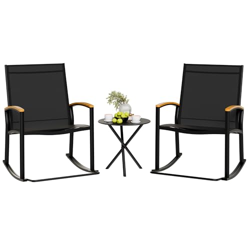 Shintenchi 3 Piece Outdoor Rocking Bistro Set, Textilene Fabric Small Patio Furniture Set, Front Porch Rocker Chairs Conversation Set with Table for Lawn, Garden, Balcony, Poolside (Black)