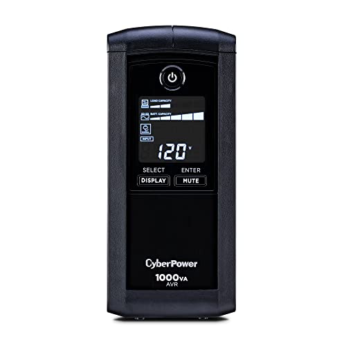 CyberPower CP1000AVRLCD Intelligent LCD UPS System, 1000VA/600W, 9 Outlets, AVR, Mini-Tower, Black