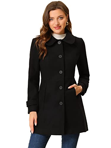 Allegra K Women's Peter Pan Collar Winter Outwear Buttoned Single Breasted Long Coat Medium Black
