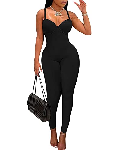 acelyn Women's Sexy One Piece Jumpsuit Sleeveless Rompers Bodycon Clubwear Camisole Catsuit Black M