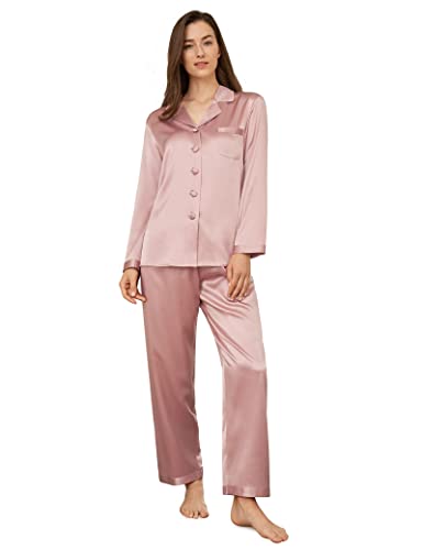 LilySilk Silk Pajamas for Women 100% Mulberry Silk 22 Momme Pajama Set Long Sleeve Button Down Sleepwear & Wide Trouser-Leg Pants S, Rosy Pink