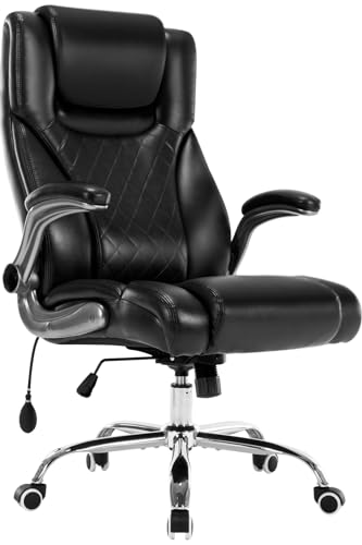 Seevoo Executive Office Chair Desk Swivel Chair High Back Computer Chair - Adjustable Lumbar Support with Flip-Up Arms PU Leather Chair with Spring Cushion (Black)
