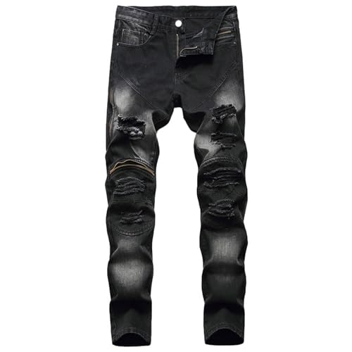 Slim Fit Jeans Stretch Ripped Biker Jeans for Men Fashion Straight Comfort Flex Waist Casual Denim Pants(A2-Black, XXXL)