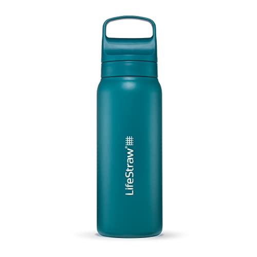 LifeStraw Go Series – Insulated Stainless Steel Water Filter Bottle for Travel and Everyday use removes Bacteria, parasites and microplastics, Improves Taste, 24oz Laguna Teal