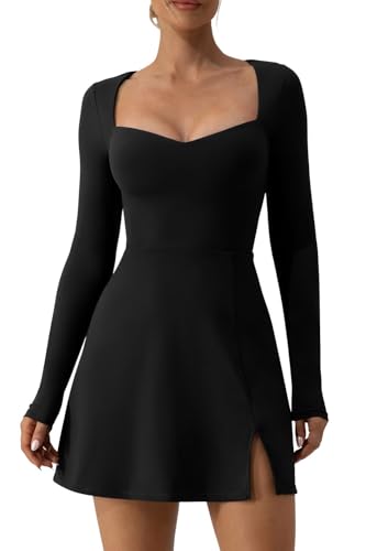 QINSEN Long Sleeve Dress for Women Sexy Sweetheart High Waist Flare Mini Dress Clubwear Black S