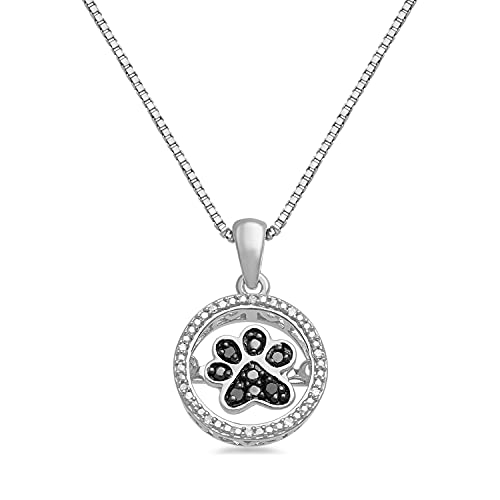 Jewelili Dancing Dog Paw Necklace Pendant in Sterling Silver Treated Black and Natural White Round Diamonds 18 inch Box Chain