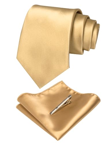 JEMYGINS Mens Formal Gold Necktie and Pocket Square, Hankerchief and Tie Bar Clip Sets (13)