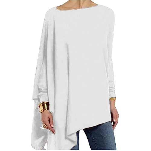 Janepam Women Tunic Cotton Solid Color Plain Asymmetrical Hem Top Crew-Neck Long Sleeve Oversized Loose T-Shirt Casual Fall Spring Blouse A Crewneck White S