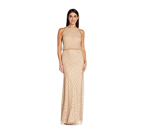 Adrianna Papell Womens Art Deco Beaded Blouson Dress with Halter Neckline, Champagne/Gold, 12