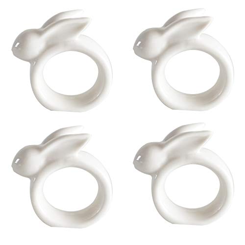 Easter Rabbit Porcelain Napkin Rings, Set of 4 Vintage White Bunny Ceramic Napkin Rings for Easter Dinner Weddings Parties, Handmade