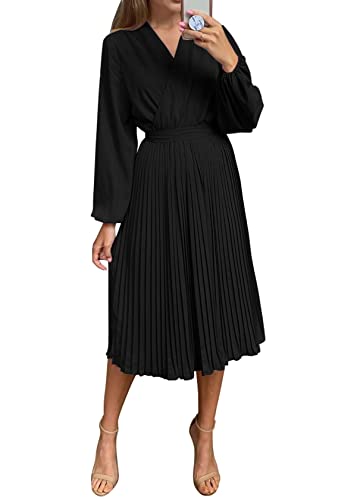 PRETTYGARDEN Women's Spring Midi Dress Long Puff Sleeve Wrap V Neck Flowy Ruffle Pleated Casual Fall Dresses (Black,Large)