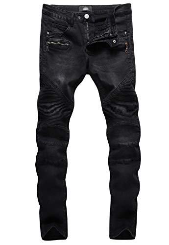 ZLZ Black Biker Jeans for Men Slim Fit, Men's Comfy Stretch Ripped Distressed Biker Jeans Pants Rock, Designer Jeans, Size 32