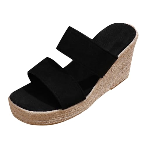 JEUROT Women's Espadrille Platform Sandals Open Toe Slip On Braided Wedge Heels Two Band Summer Casual Slides Comfortable Walking Shoes (Black, 37)