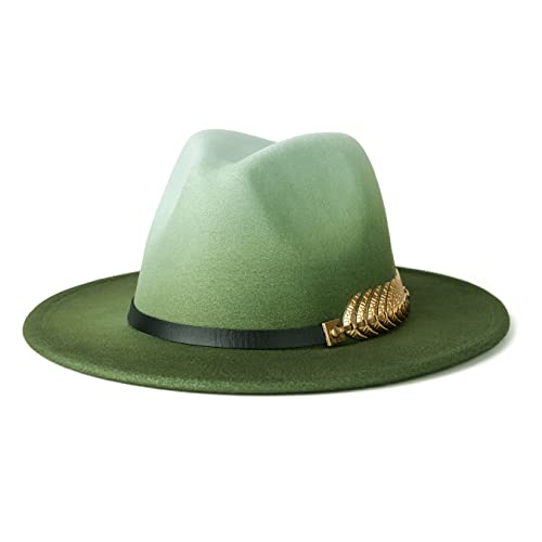 Gossifan Women Gradient Color Fedora Wide Brim Felt Panama Hat with Belt Buckle Mint Green/Olive Green