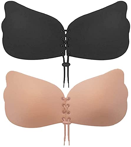 MITALOO Sticky Push Up Adhesive Invisible Backless Bra Magic Nipple Covers Strapless Bra Beige-Black