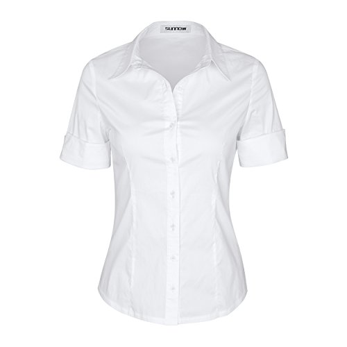 SUNNOW Womens Tailored Short Sleeve Basic Simple Button-Down Shirt with Stretch White